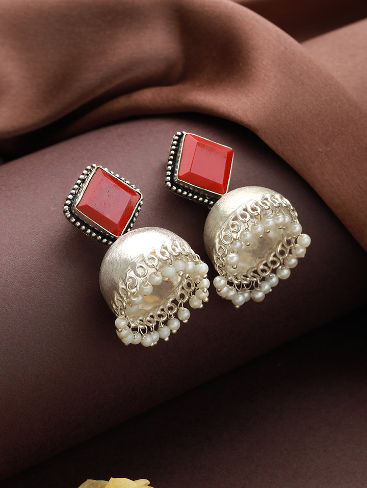 Priyaasi Studded Red Beaded Silver-Plated Jhumka Earrings