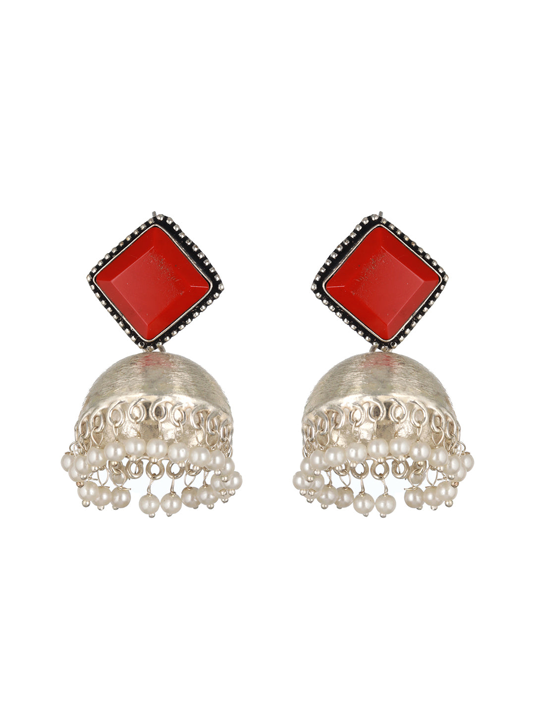 Priyaasi Studded Red Beaded Silver-Plated Jhumka Earrings