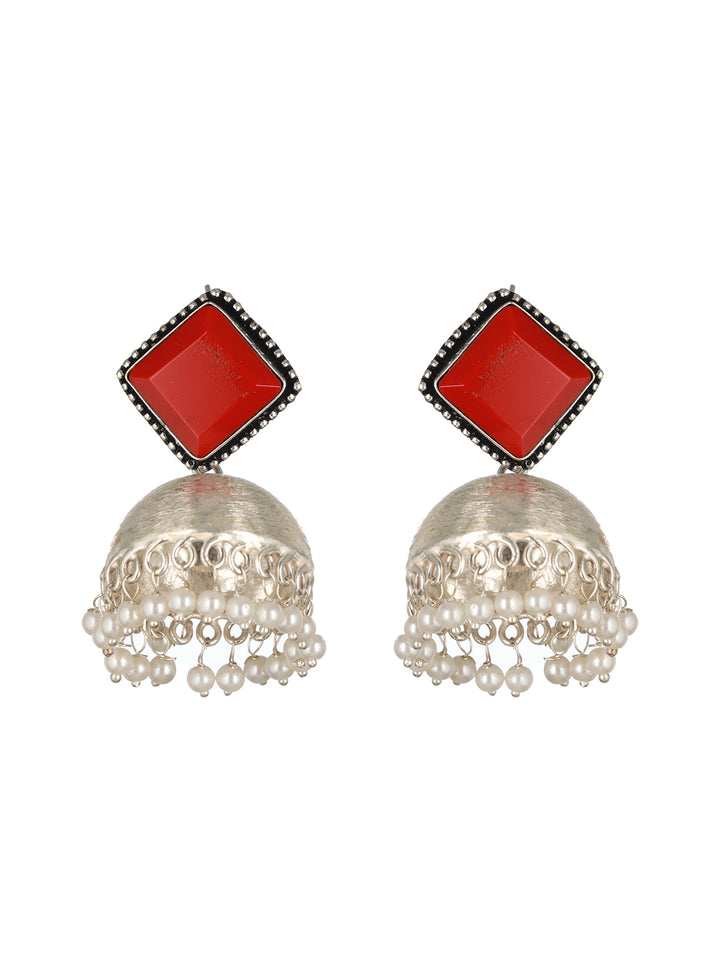 Priyaasi Studded Red Beaded Silver-Plated Jhumka Earrings