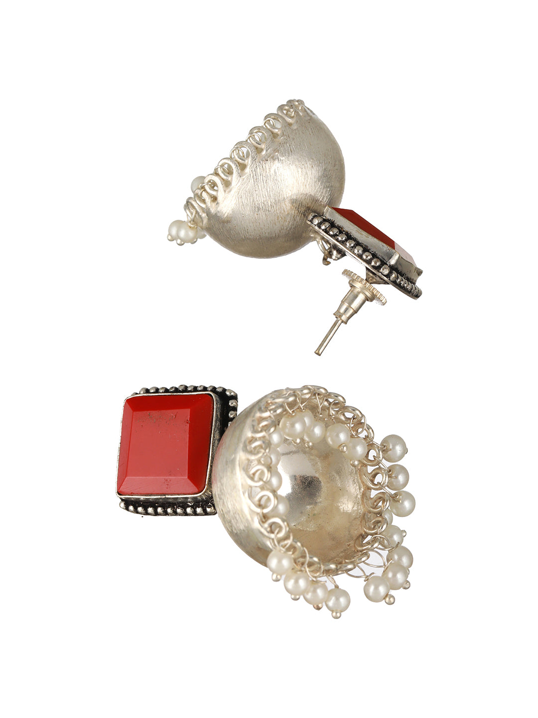 Priyaasi Studded Red Beaded Silver-Plated Jhumka Earrings