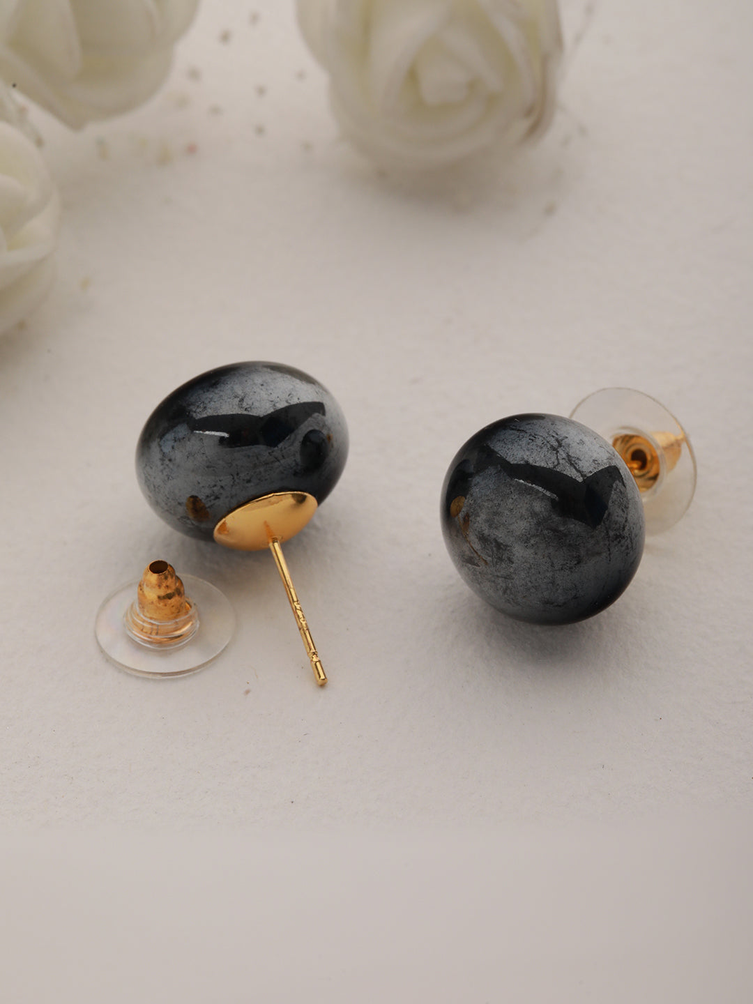 Prita by Priyaasi Glossy Dark Grey Sphere Stud Earrings