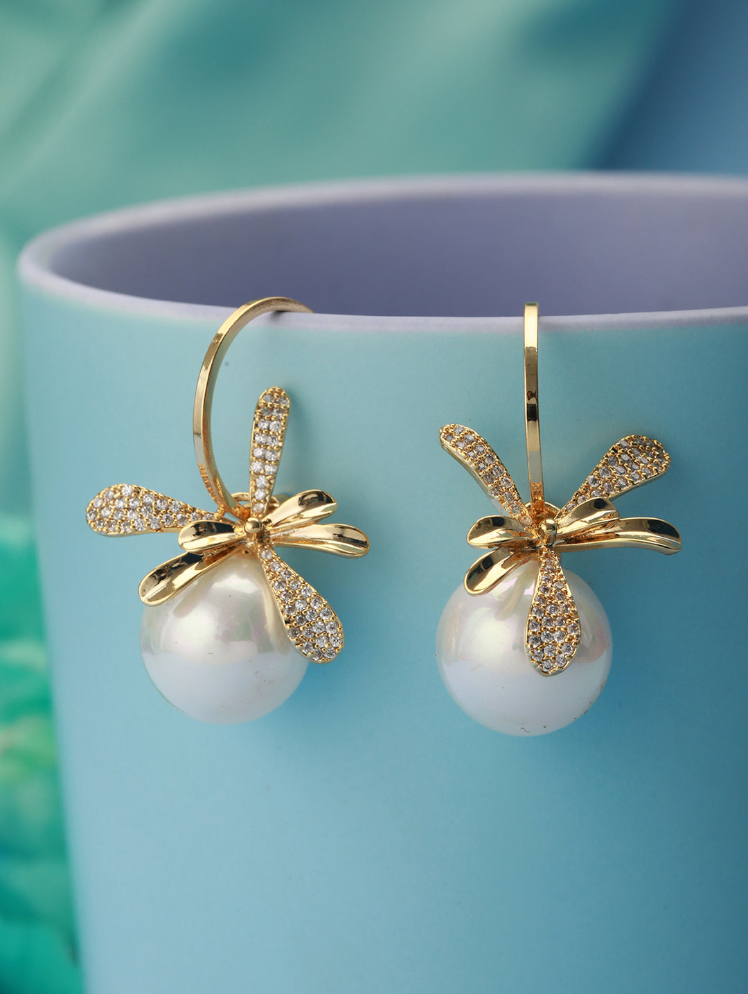 American Diamond Floral Pearl Drop Gold-Plated Earrings