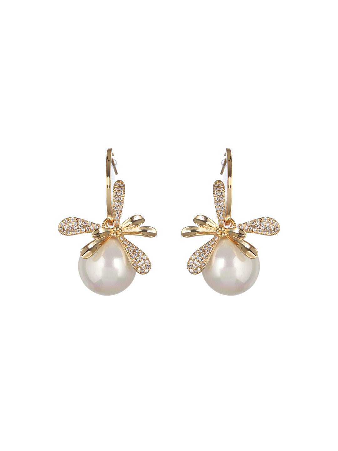 American Diamond Floral Pearl Drop Gold-Plated Earrings