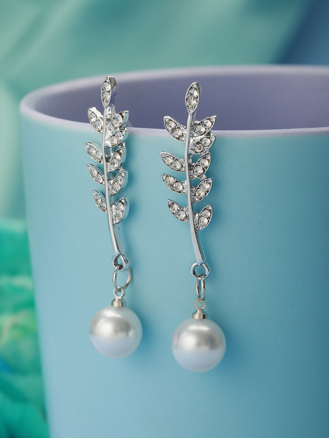 Prita by Priyaasi Leaf American Diamond Pearl Drop Silver-Plated Earrings