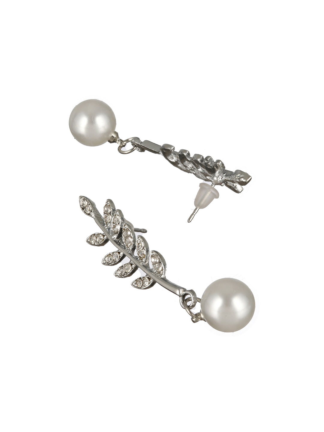 Prita by Priyaasi Leaf American Diamond Pearl Drop Silver-Plated Earrings