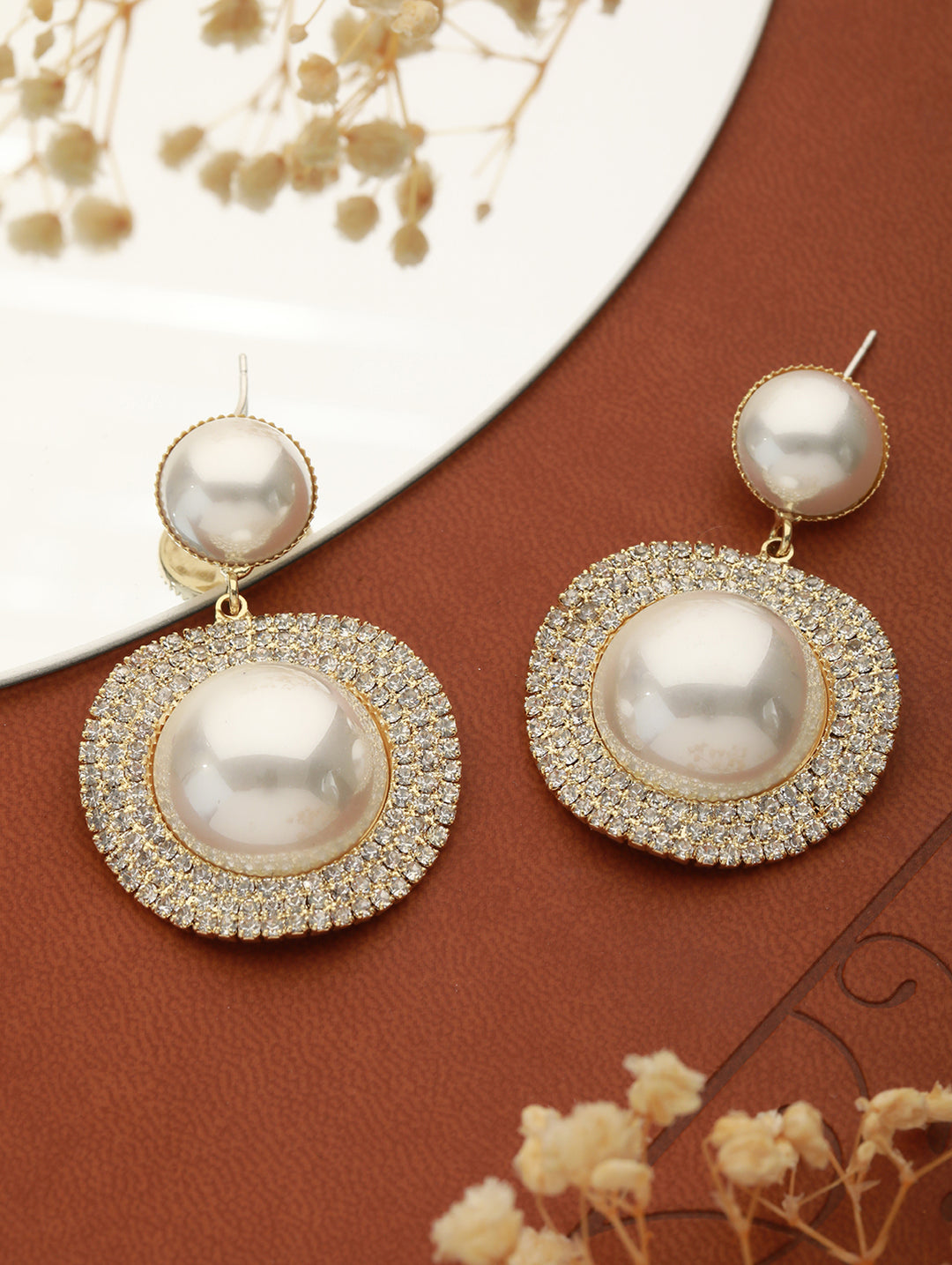 Dual-Pearl Drop American Diamond Gold-Plated Earrings