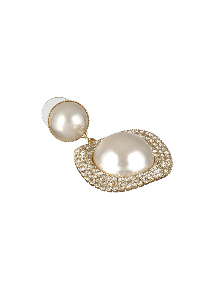 Dual-Pearl Drop American Diamond Gold-Plated Earrings