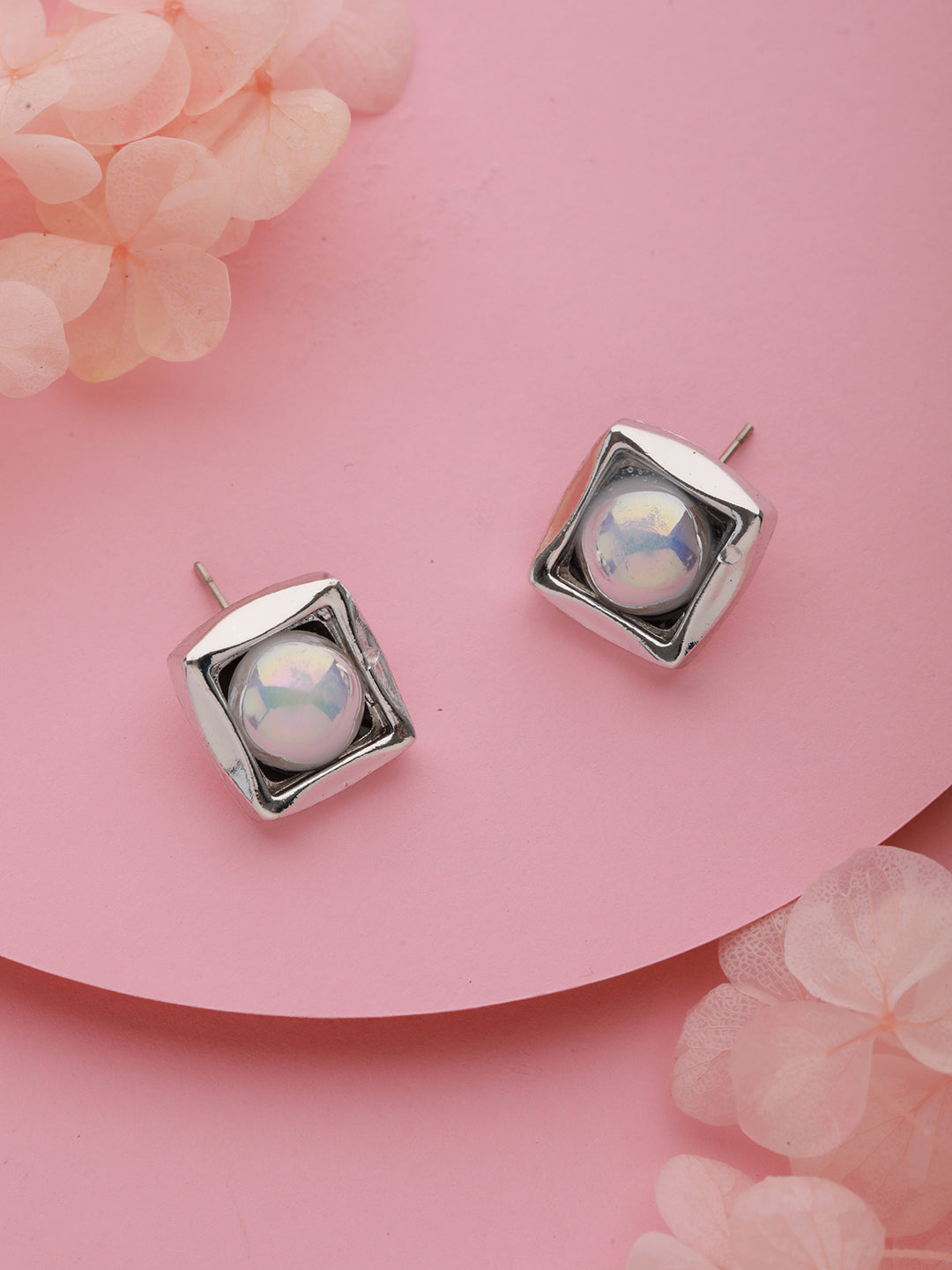 Prita by Priyaasi White Pearl Blocked Square Silver-Plated Stud Earrings