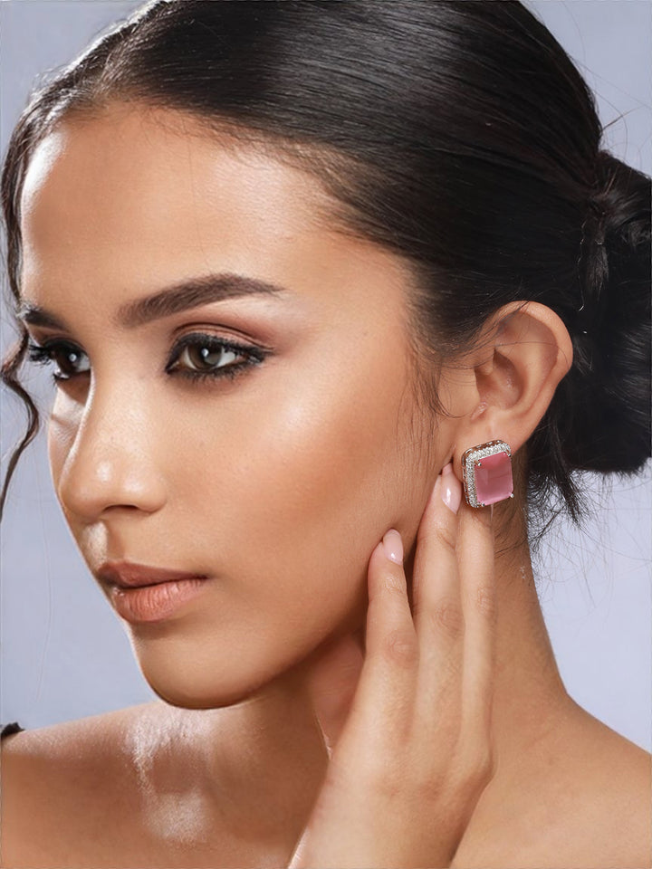 Priyaasi Pink Block American Diamond Silver-Plated Stud Earrings