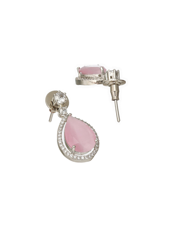 Priyaasi Pink Leaf American Diamond Silver-Plated Drop Earrings