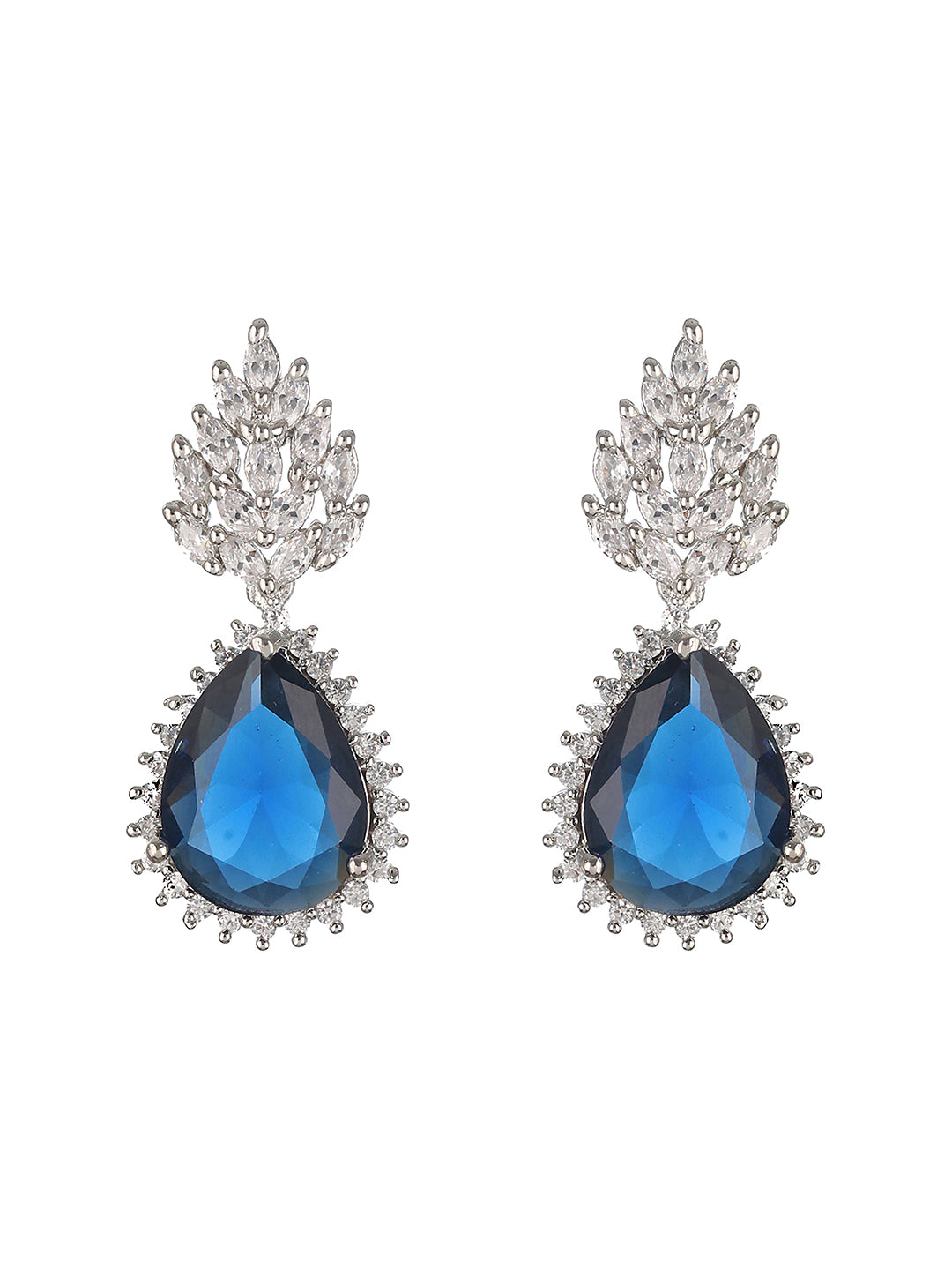 Priyaasi Blue Leaf American Diamond Silver-Plated Drop Earrings