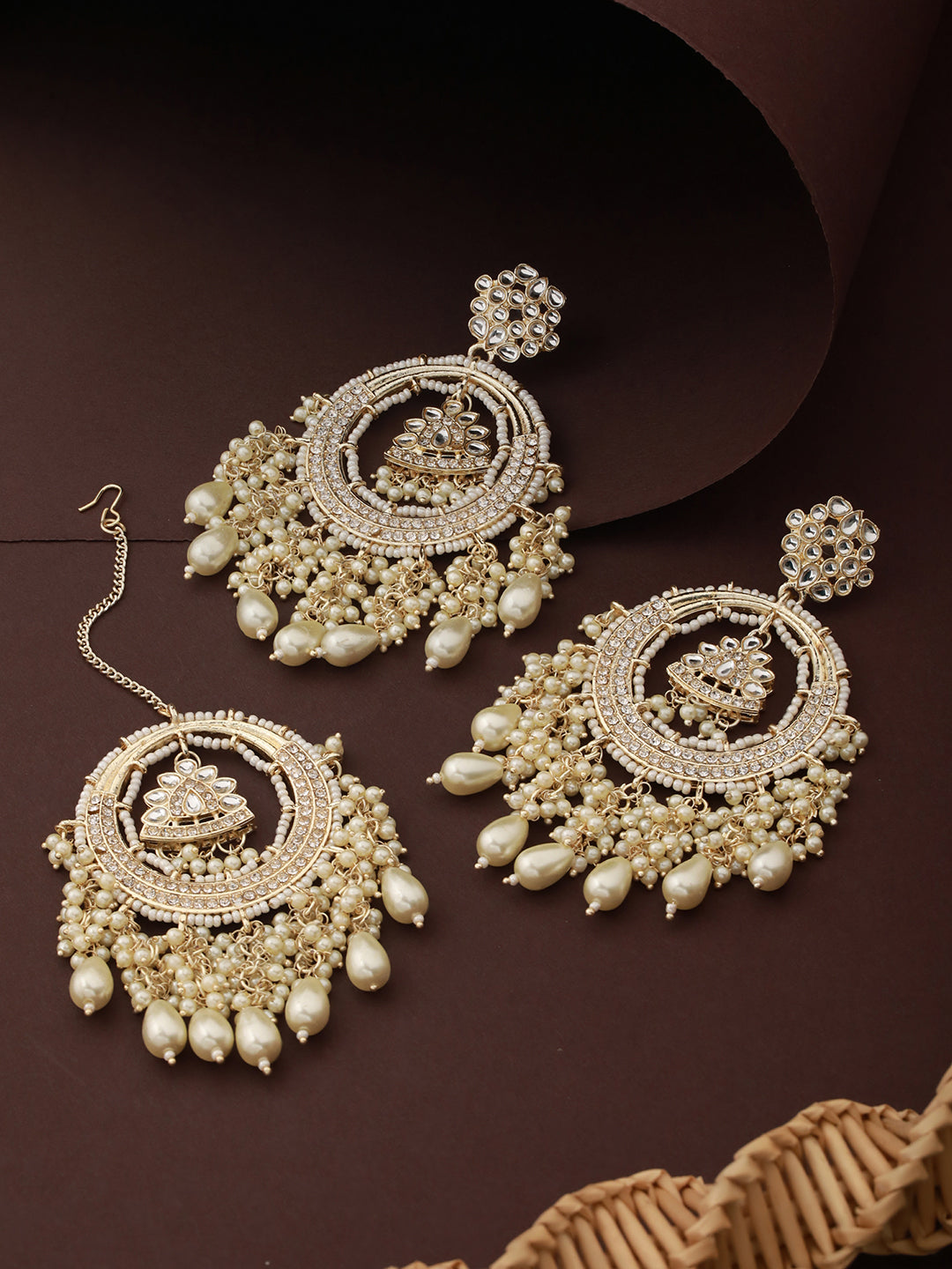 Priyaasi White Floral Pearl Studded Gold-Plated Chandbali Earrings Set with Maangtikka