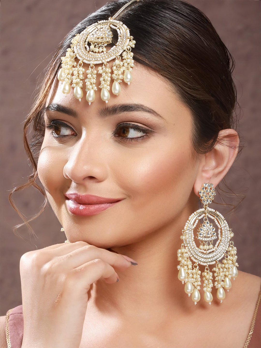 Priyaasi White Floral Pearl Studded Gold-Plated Chandbali Earrings Set with Maangtikka