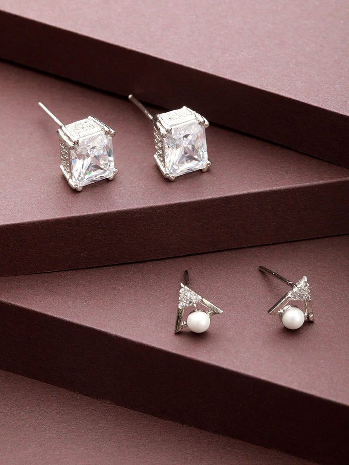 Priyaasi Pearl Block Triangular Silver-Plated Stud Earrings Set
