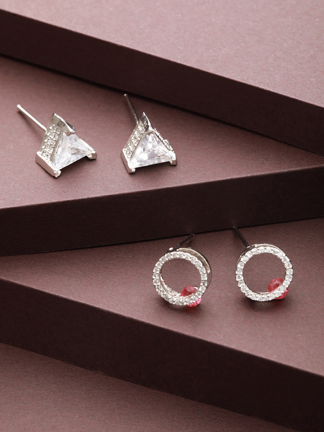 Priyaasi Round Triangle American Diamond Silver-Plated Stud Earrings Set