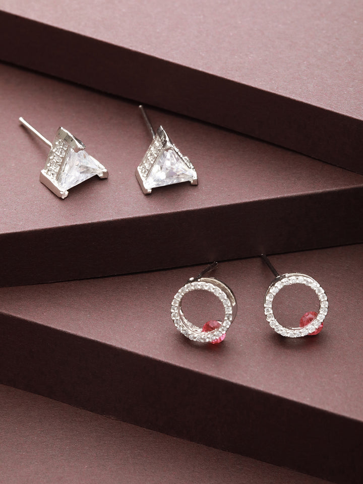 Priyaasi Round Triangle American Diamond Silver-Plated Stud Earrings Set