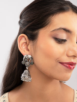 Priyaasi Oxidised Silver Plated Elephant Jhumka Earrings