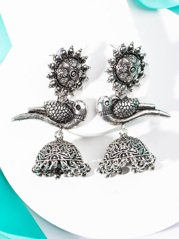 Priyaasi Oxidised Peacock Silver Plated Jhumka Earrings