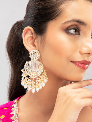 Priyaasi White Beaded Gold Plated Floral Kundan Drop Earrings