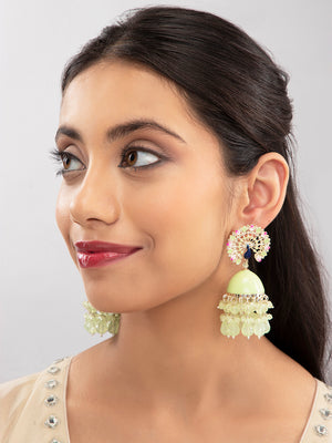 Priyaasi Green Crystal Peacock Shaped Meenakari Jhumka Earrings