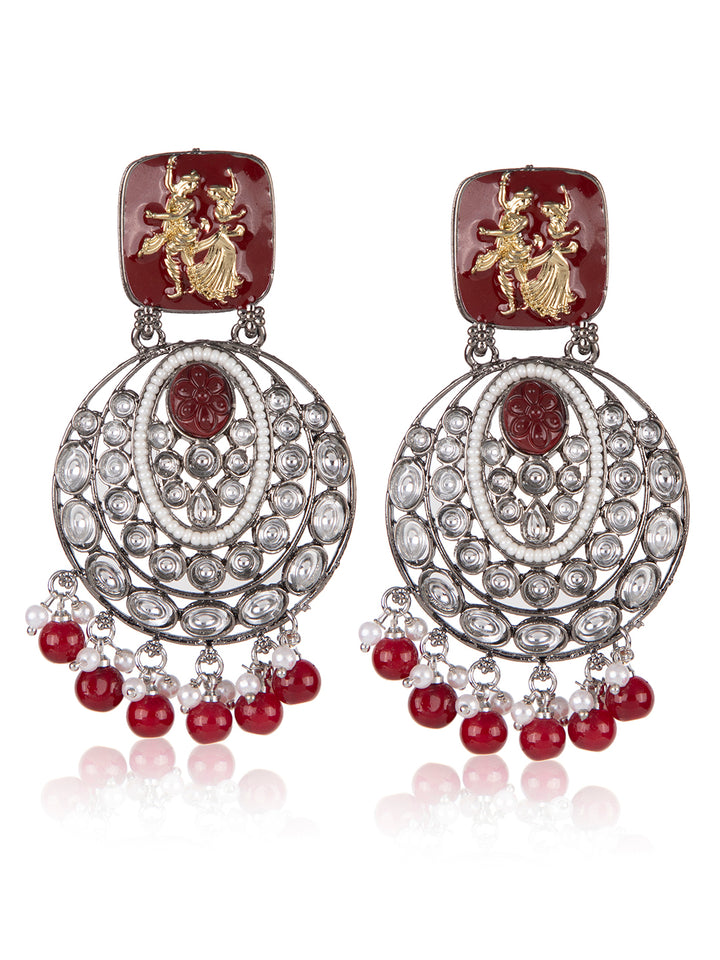 Priyaasi Red & Silver Radha Krishna Drop Earrings