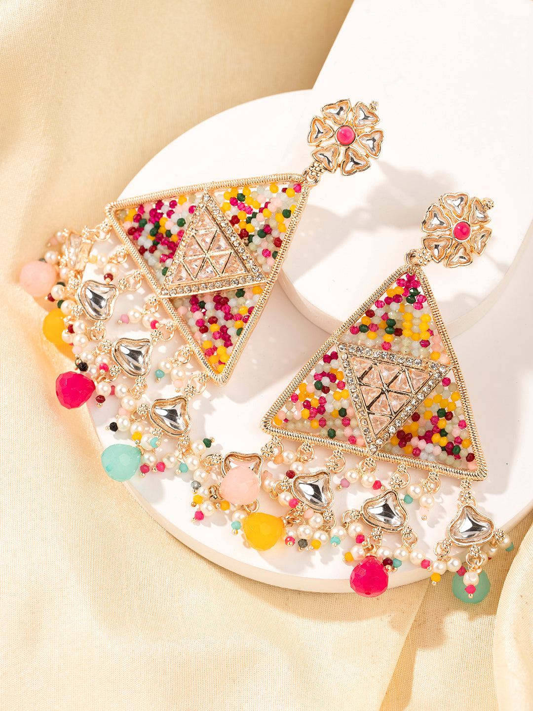 Priyaasi Multi Coloured Beaded Triangle Kundan Drop Earrings