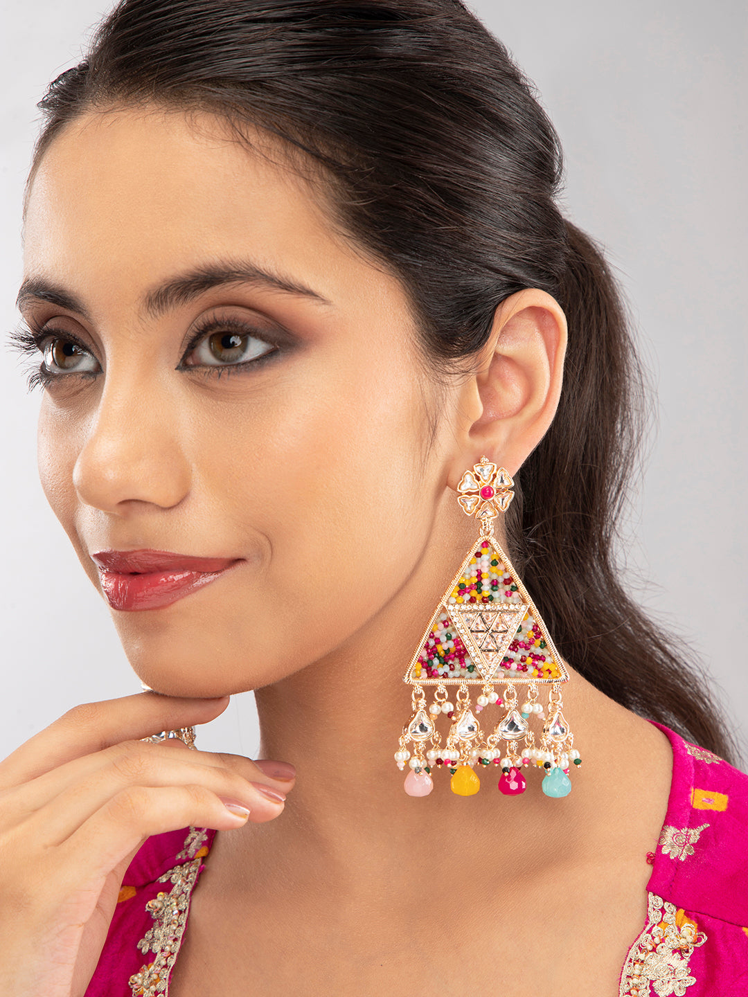 Priyaasi Multi Coloured Beaded Triangle Kundan Drop Earrings