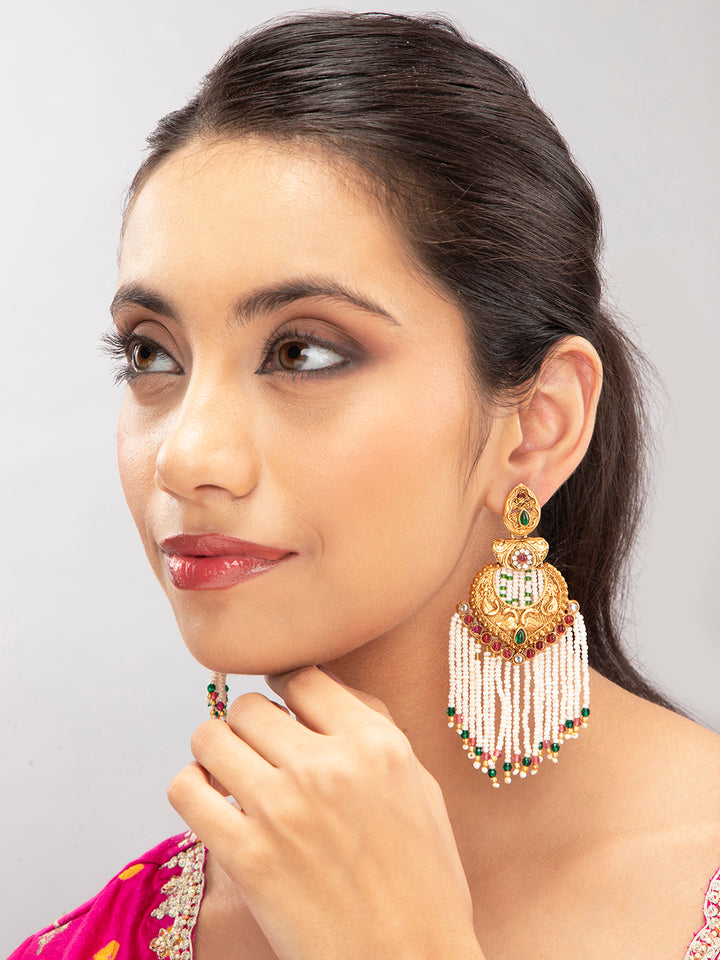 Priyaasi Gold Plated Peacock Beaded Drop Earrings