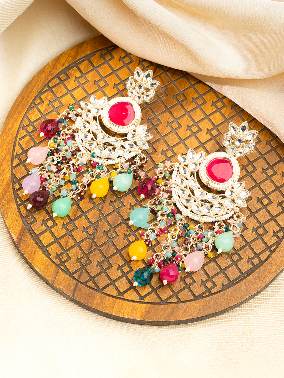 Priyaasi Multi Coloured Kundan Floral Drop Earrings