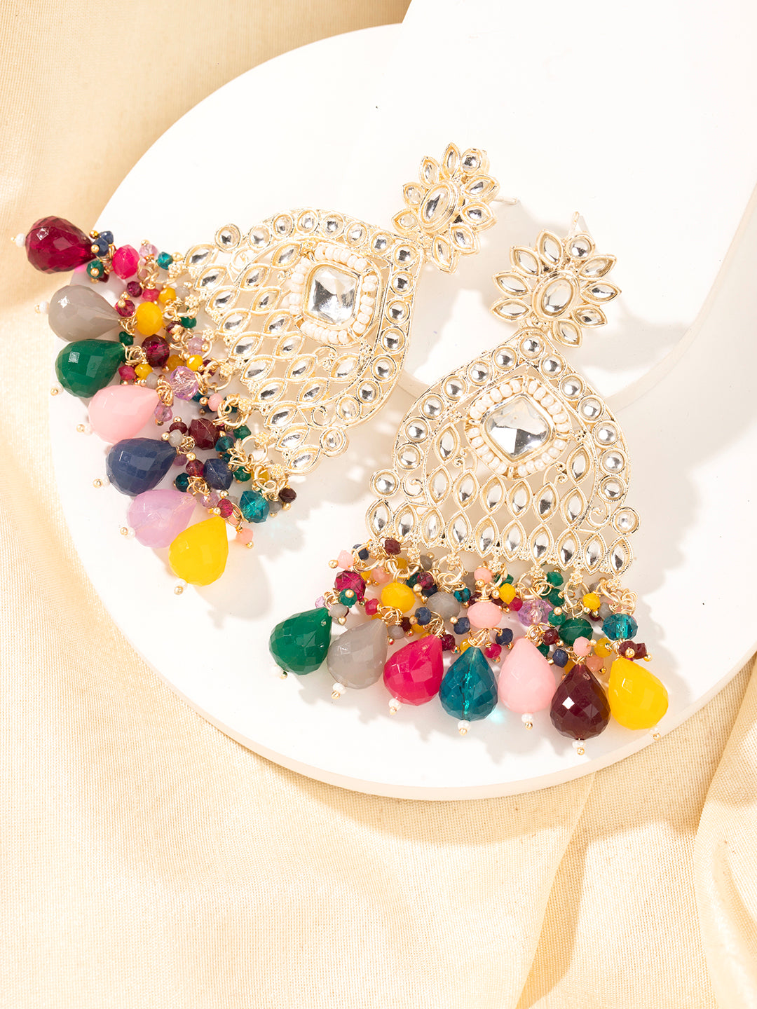 Priyaasi Gold Plated Kundan & Multi Coloured Beaded Drop Earrings