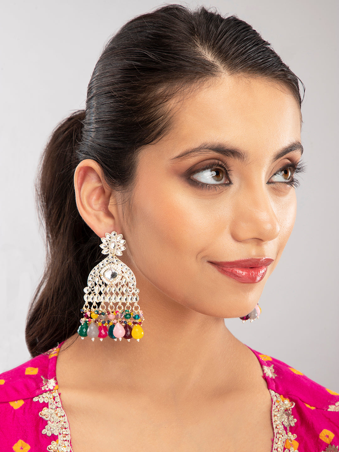 Priyaasi Gold Plated Kundan & Multi Coloured Beaded Drop Earrings