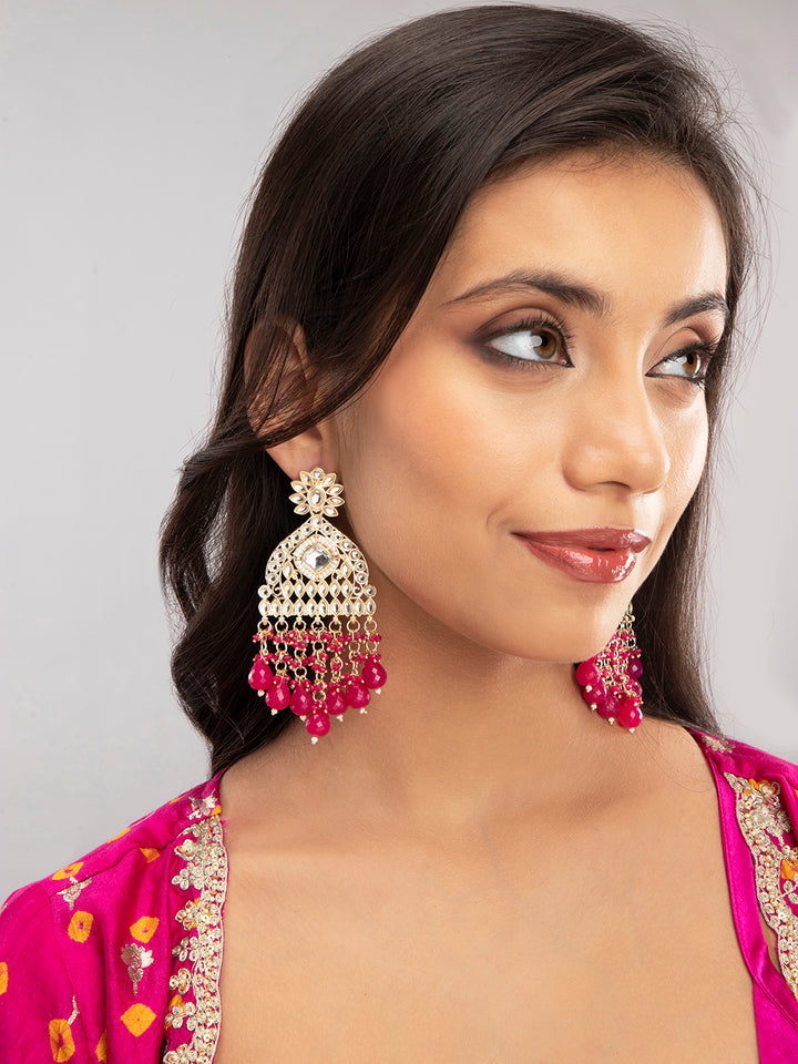 Priyaasi Gold Plated Kundan & Magenta Beaded Drop Earrings