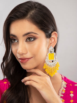 Priyaasi Yellow Beaded Gold Plated Kundan Drop Earrings