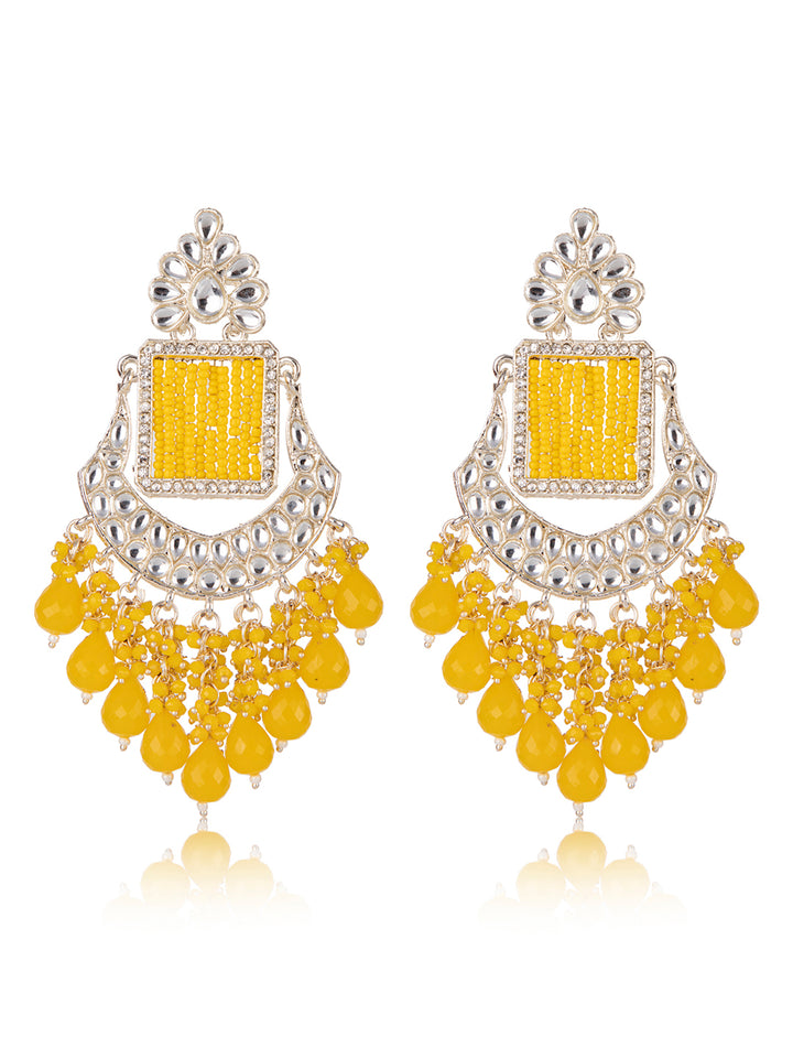 Priyaasi Yellow Beaded Gold Plated Kundan Drop Earrings