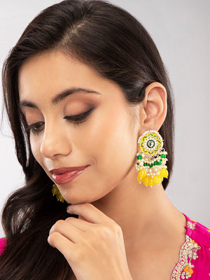 Priyaasi Yellow & Green Floral Meenakari Beaded Drop Earrings