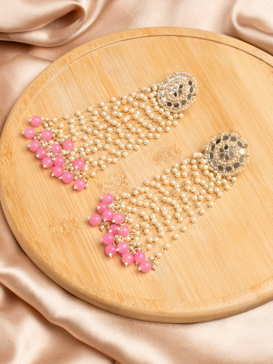 Priyaasi Mirror Studded Floral Pink Beaded Drop Earrings