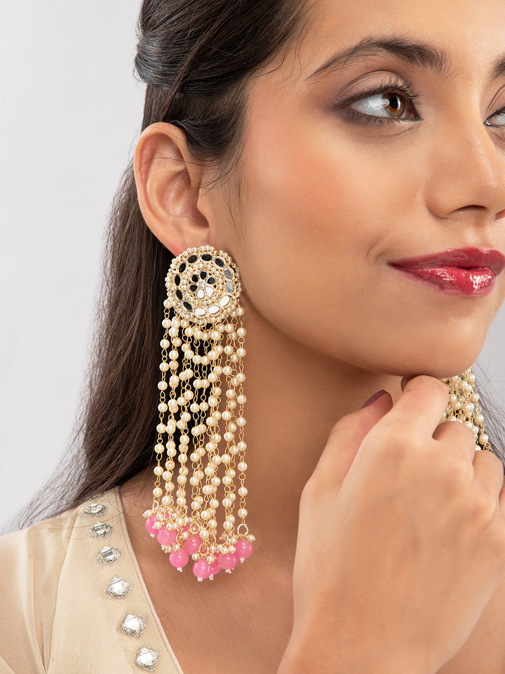 Priyaasi Mirror Studded Floral Pink Beaded Drop Earrings