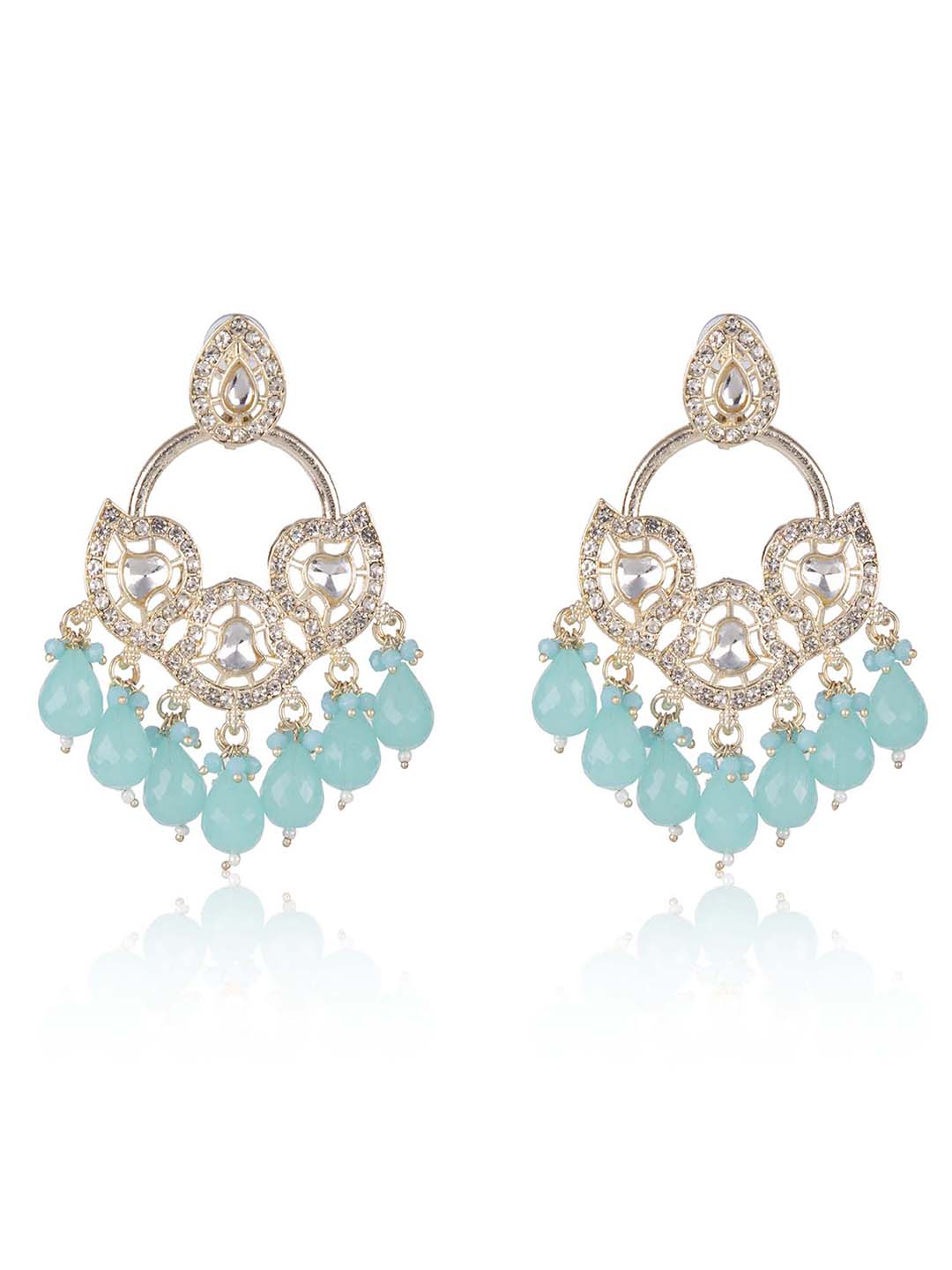 Priyaasi Gold Plated Stone Studded Blue Beaded Drop Earrings