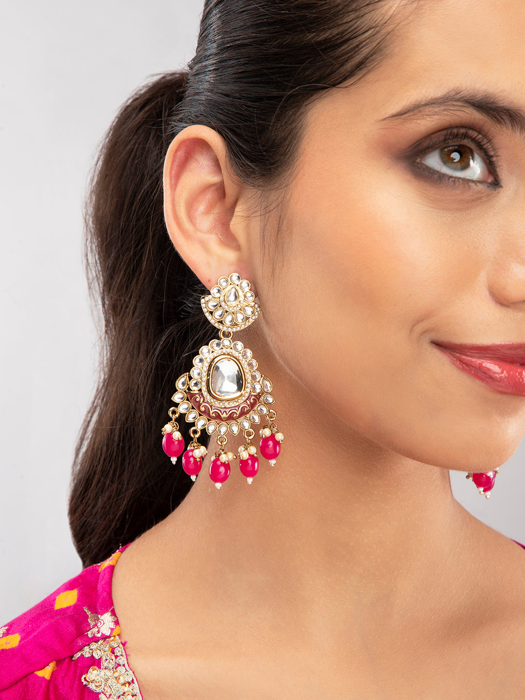 Priyaasi Magenta & Gold Plated Kundan Drop Earrings