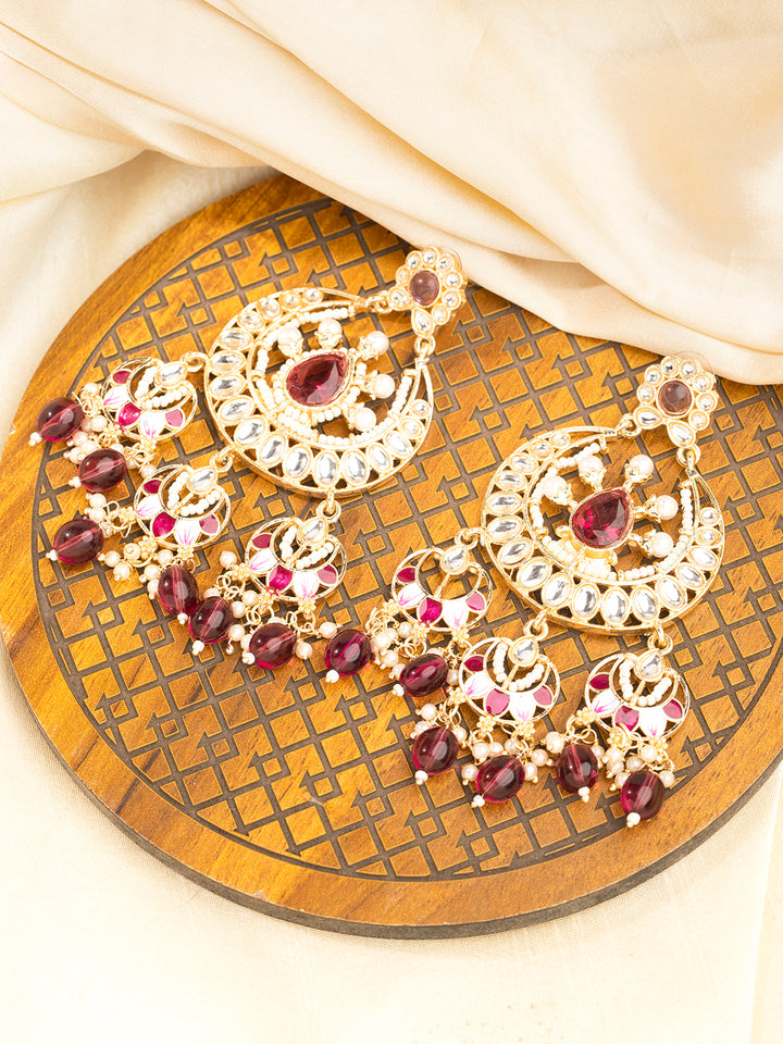 Priyaasi Gold Plated Floral Kundan Wine Beaded Drop Earrings