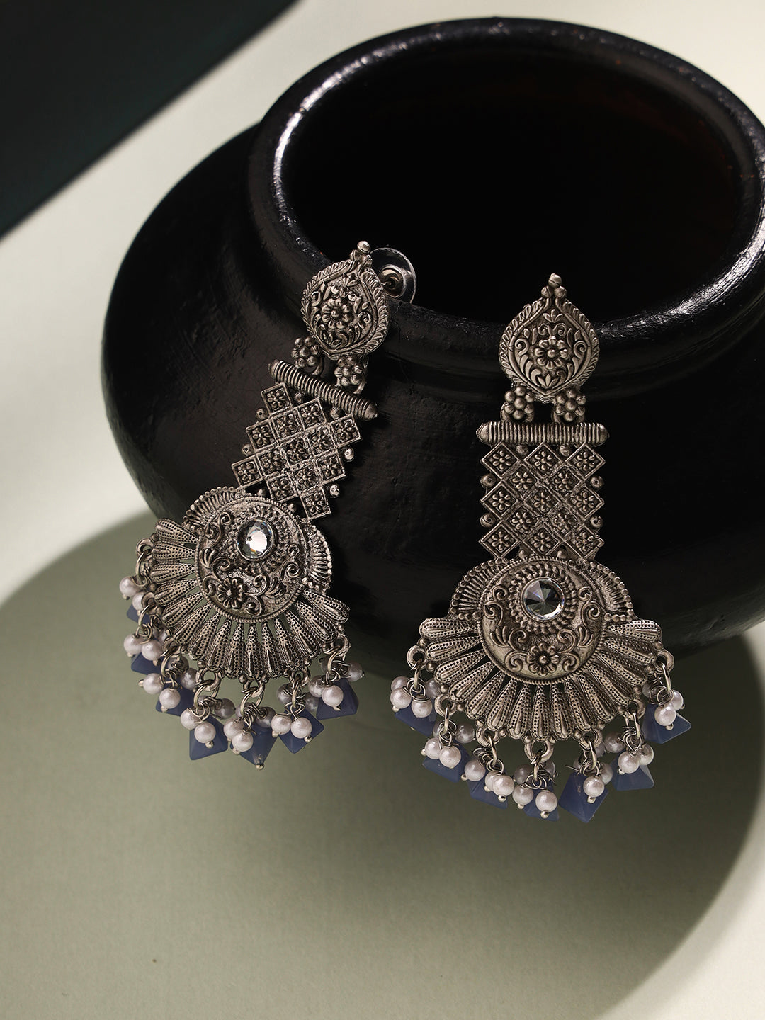 Priyaasi Sophisticated Tribal Earrings with Blue and White Beads