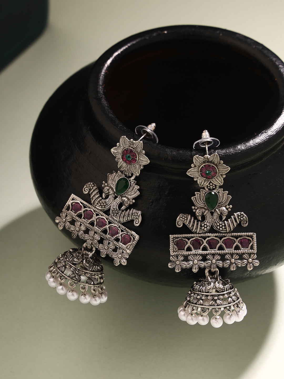 Priyaasi An Exquisite Tribal Influence Jhumkas with Ruby and Green Stones