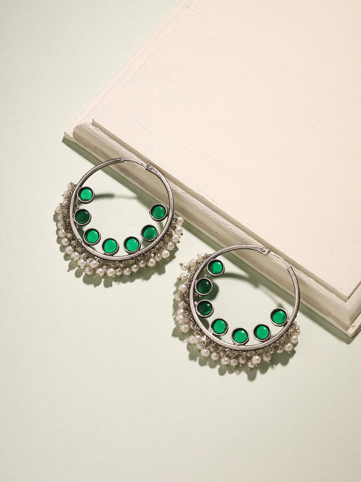 Priyaasi Silver-Plated Hoops Earrings Adorned with Pearls and Green Stones