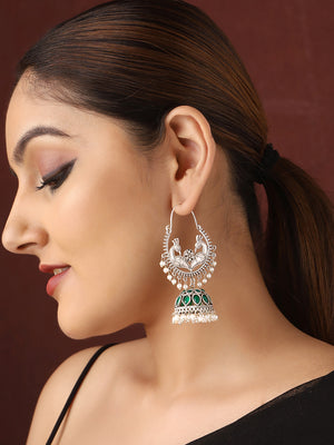 Priyaasi Silver-plated peacock Design Jhumkis Bhutta Earrings with enchanting green stones