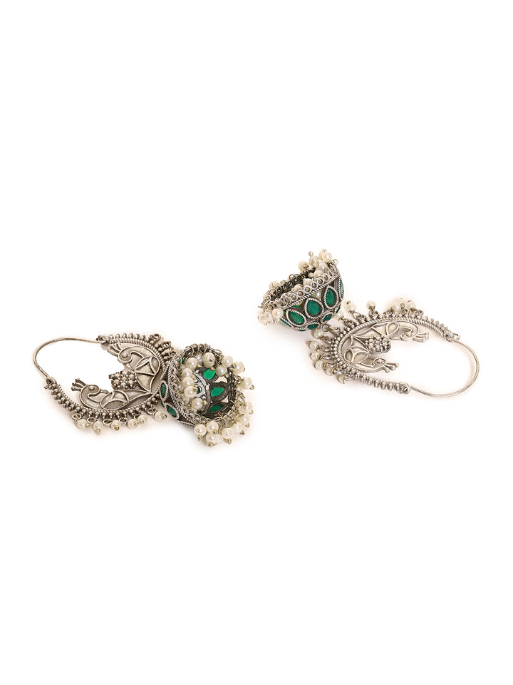 Priyaasi Silver-plated peacock Design Jhumkis Bhutta Earrings with enchanting green stones