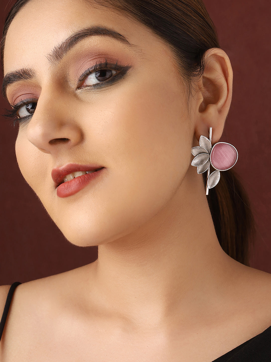 Priyaasi Lotus Bloom Elegance with Pink Stone and Silver-Plated Earrings