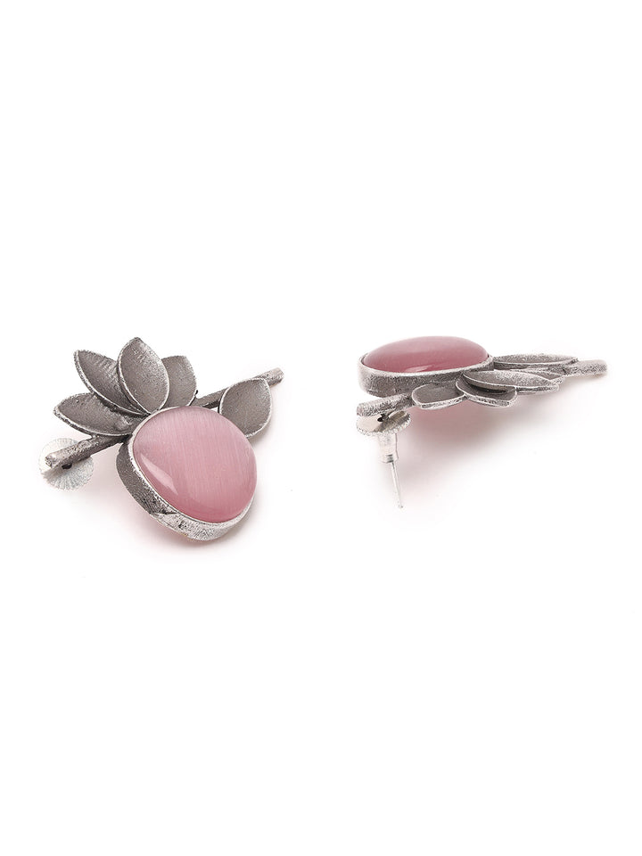 Priyaasi Lotus Bloom Elegance with Pink Stone and Silver-Plated Earrings