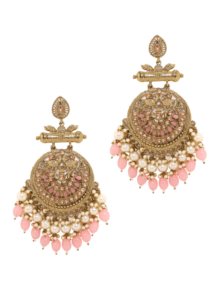 Priyaasi A Radiant Reverie Chandbalis with Mehandi Plating, Pink stones and elegant pearls