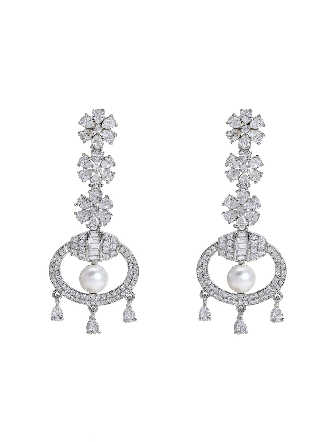 Priyaasi American Diamond and Pearl Adorned Silver-Plated Earrings
