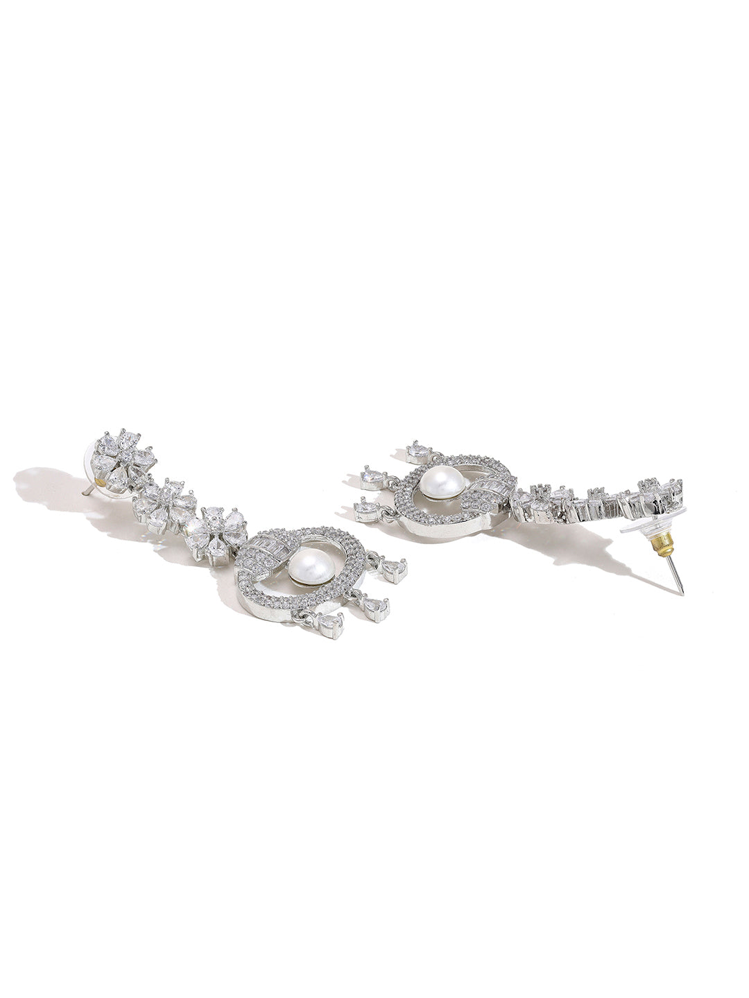 Priyaasi American Diamond and Pearl Adorned Silver-Plated Earrings